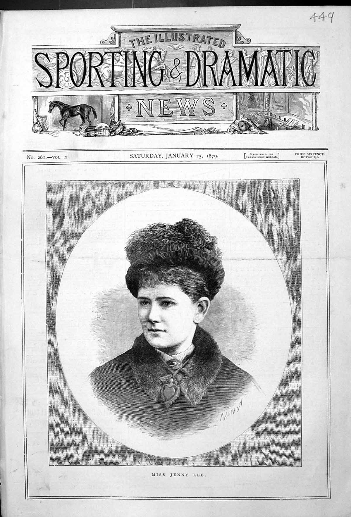 Original Old Antique Print Portrait 1879 Miss Jenny Lee Beautiful Woman 19th