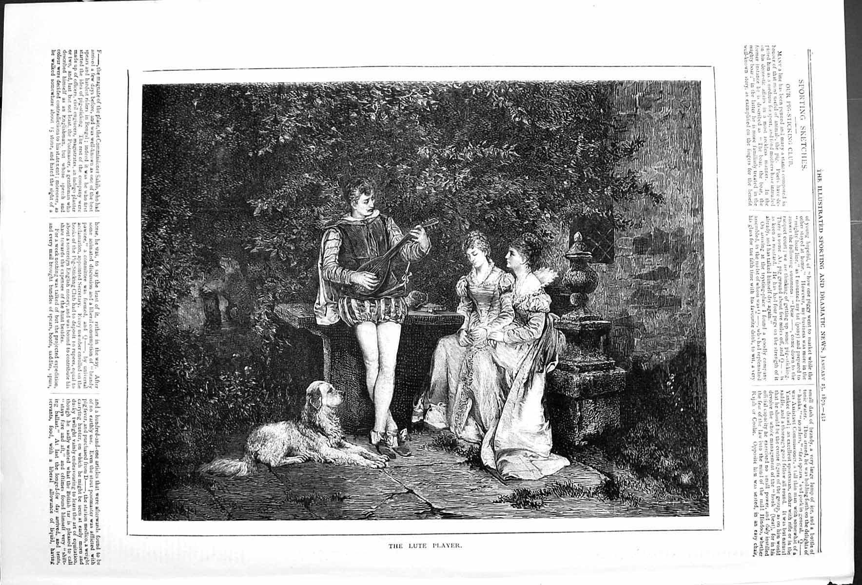 Original Old Antique Print Lute Player Outdoor Scene Women Man Dog 1879 19th