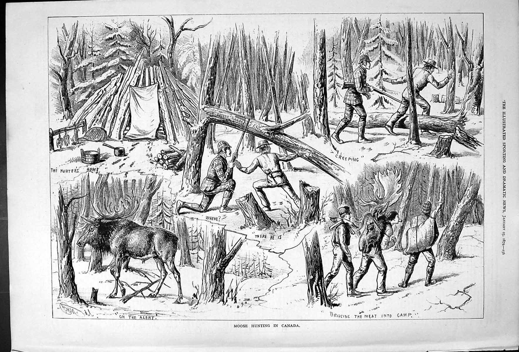 Antique Old Print Moose Hunting In Canada Sketches 1879 Sport Hunters Home 19th