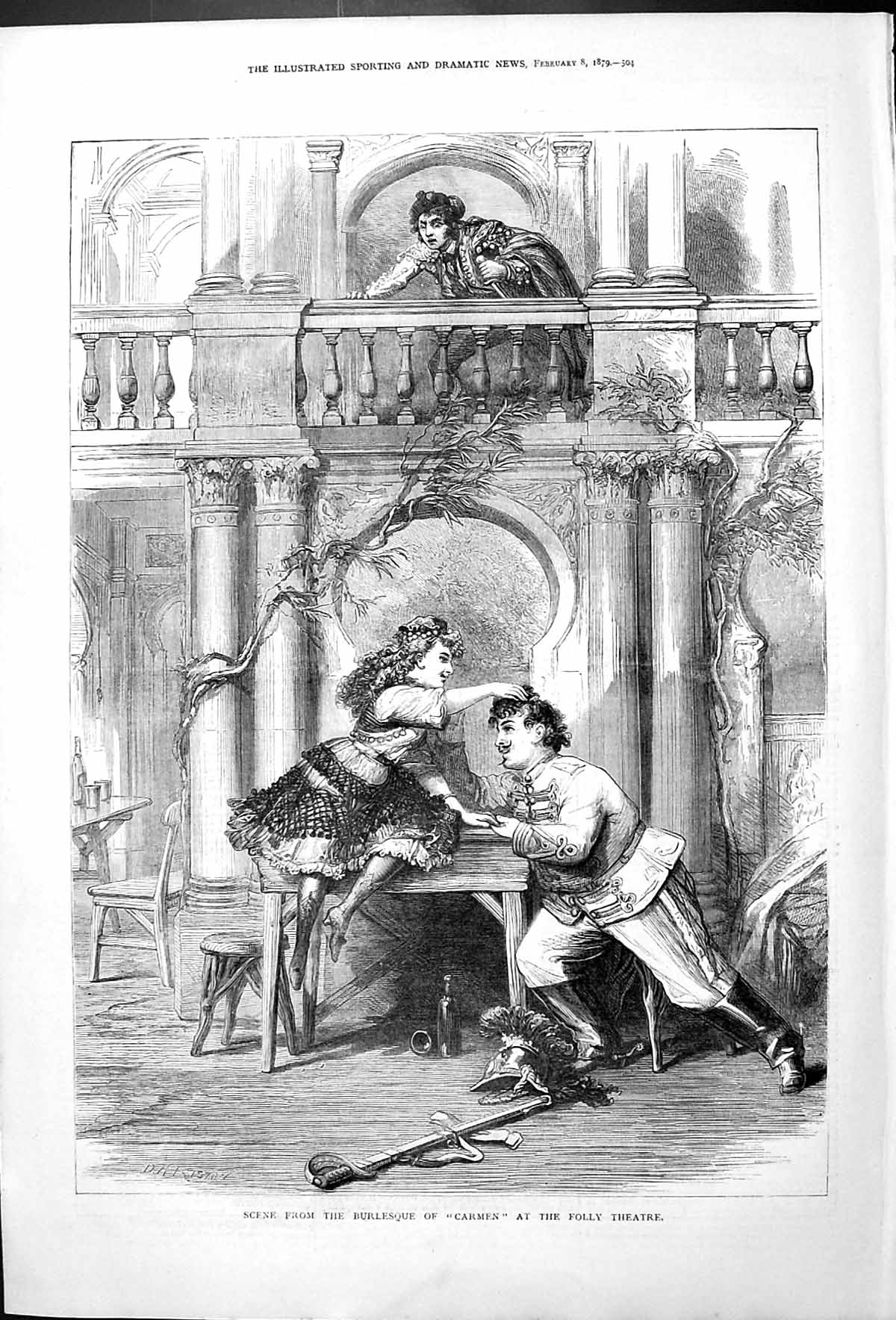 Antique Old Print Burlesque Carmen Scene At The Folly Theatre Friston 1879 19th
