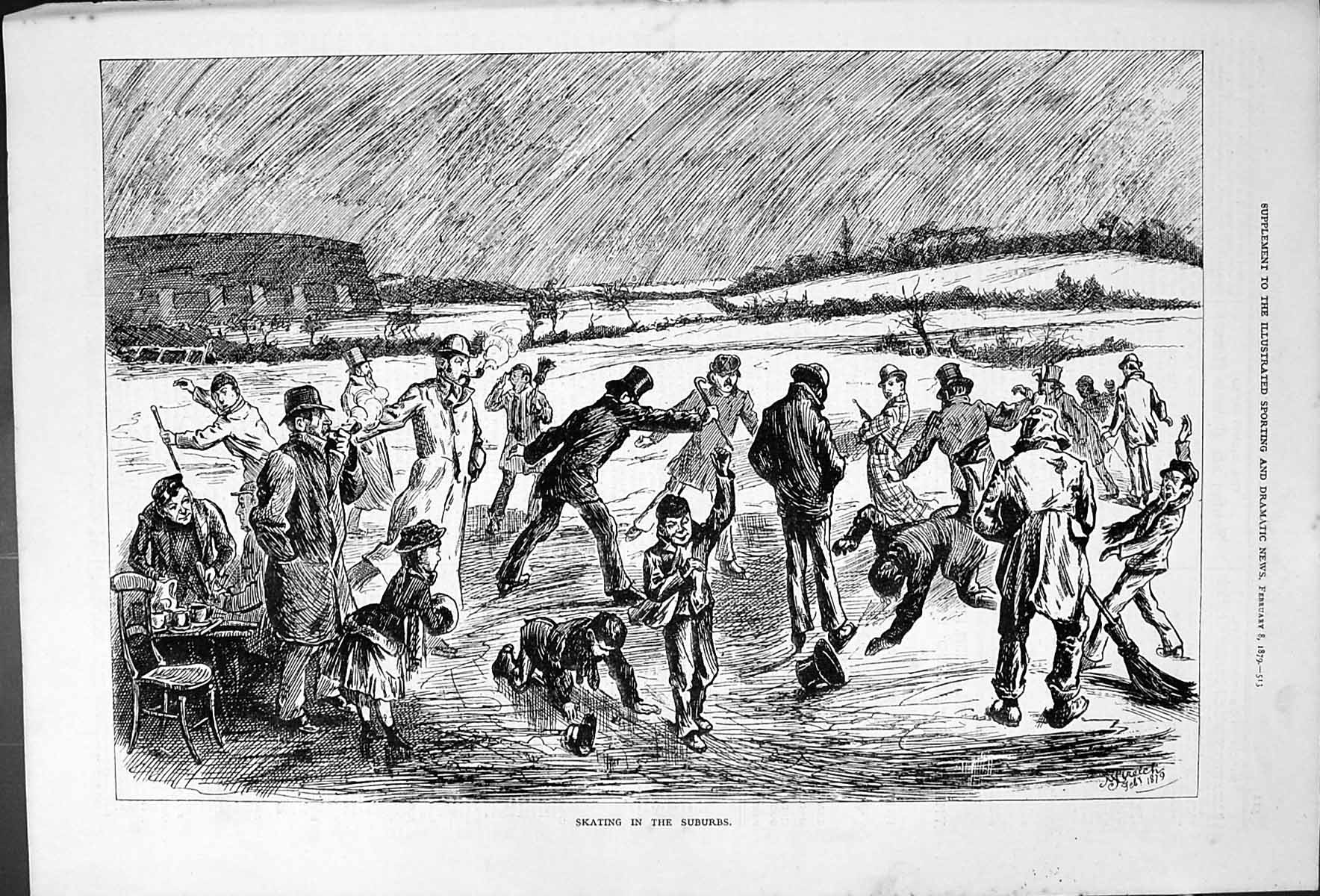 Antique Old Print Skating In The Suburbs 1879 Men Children Ice Outdoor Scene