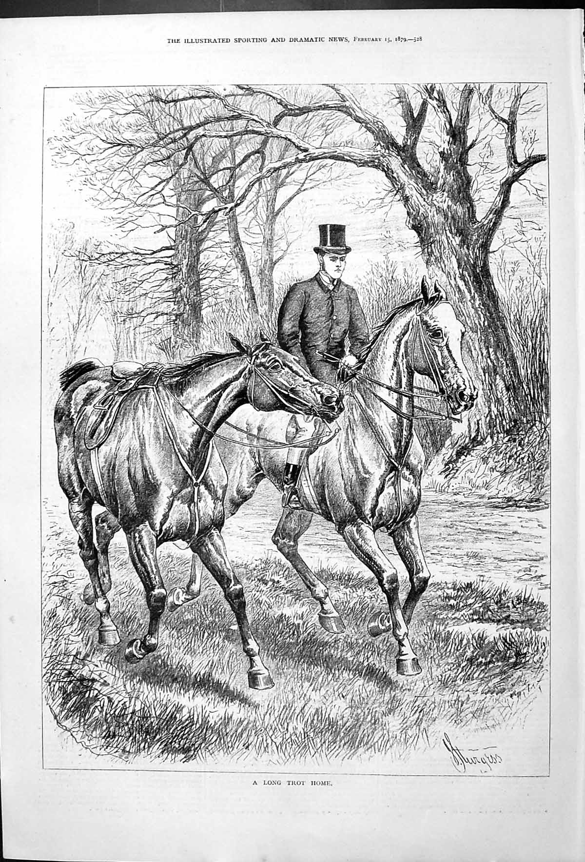 Old Antique Print A Long Trot Home 1879 Horses Outdoor Scene By Sturgess 19th