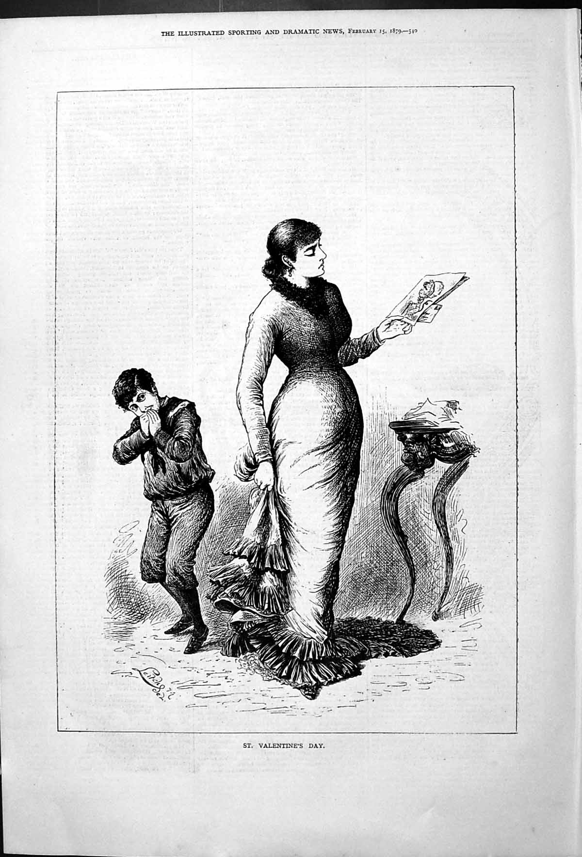Original Old Antique Print Saint Valentines Day 1879 Woman And Child Victorian
