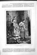 Original Old Antique Print First Love Letter Ladies Romance Outdoor Scene 1879