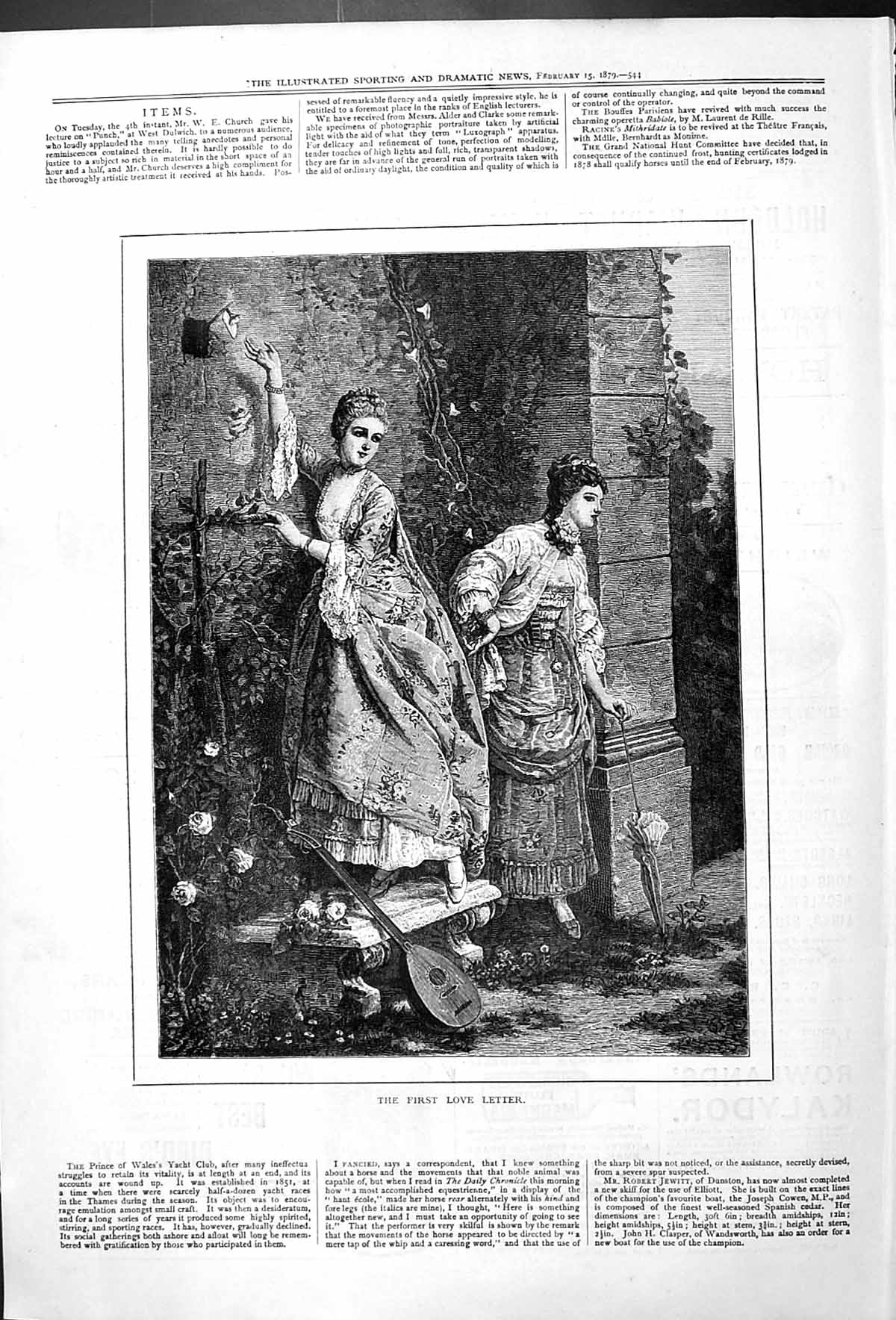Original Old Antique Print First Love Letter Ladies Romance Outdoor Scene 1879