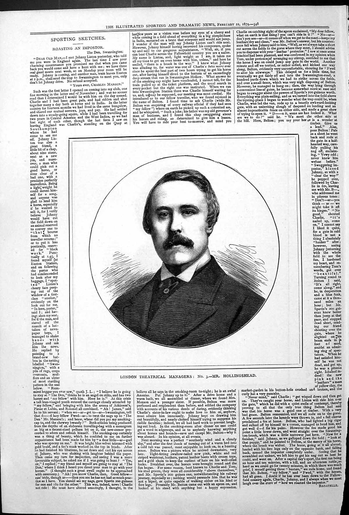 Antique Old Print London Theatrical Managers Mr Hollingshead Portrait 1879 19th
