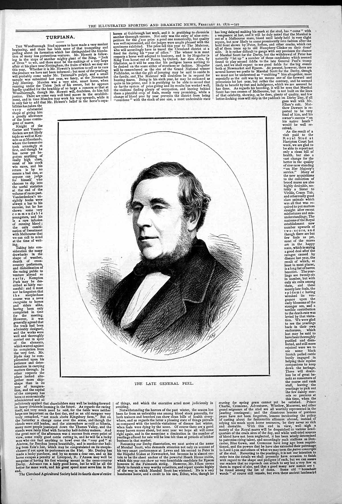 Original Old Antique Print Late General Peel Portrait Turfiana 1879 Victorian
