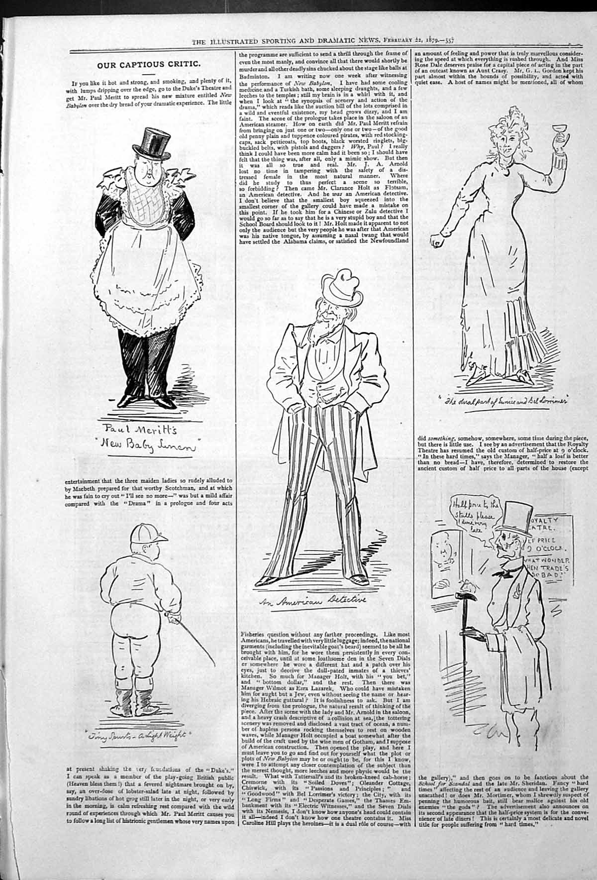 Antique Old Print Captious Critic Actors Theatre Detective Paul Meritts 1879