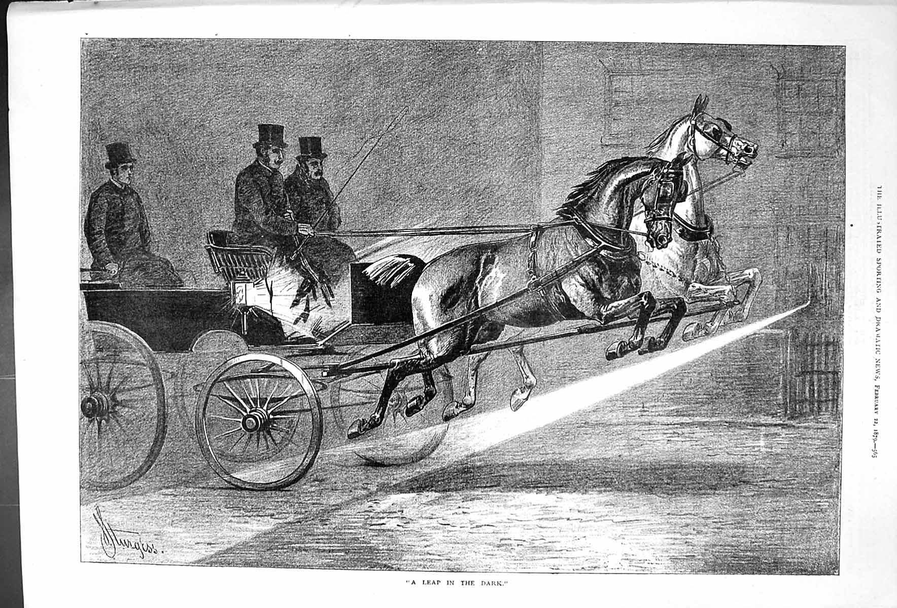 Original Old Antique Print Horses Leap In The Dark 1879 Carriage Men Sturgess