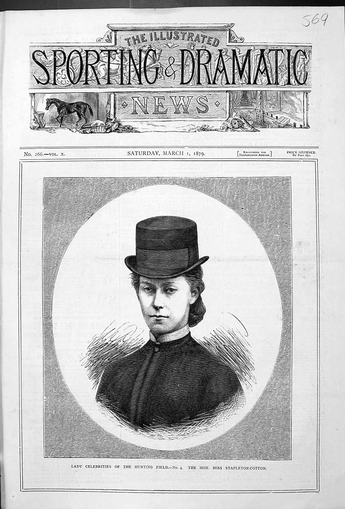 Old Print 1879 Hunting Field Lady Celebrities Hon. Miss Stapleton-Cotton 19th
