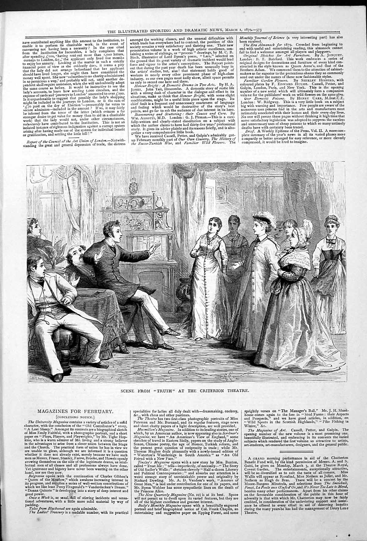 Antique Old Print Scene From Truth Criterion Theatre Actors Actresses 1879 19th
