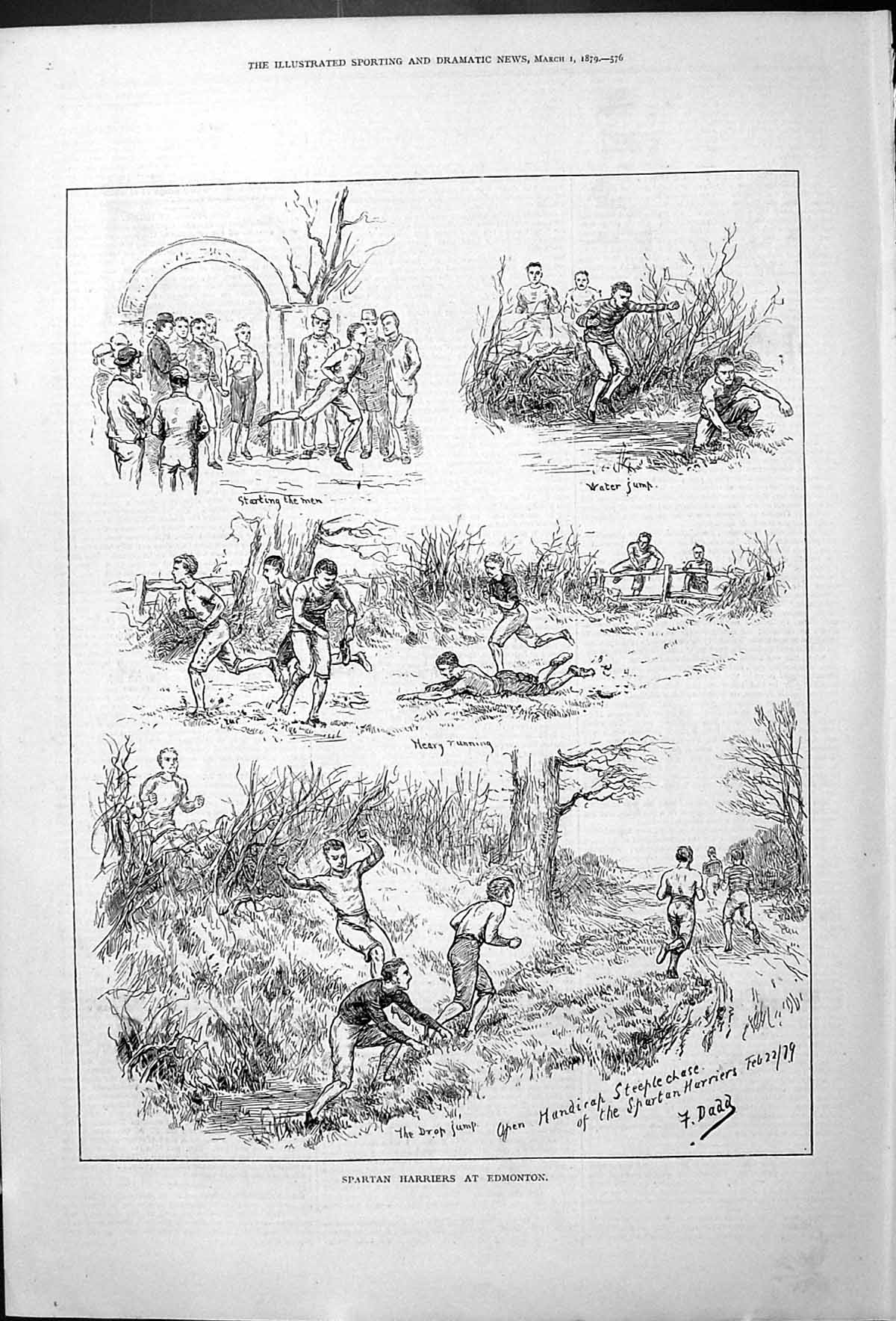 Antique Old Print Edmonton Spartan Harriers 1879 Dadd Water Jump Men Running