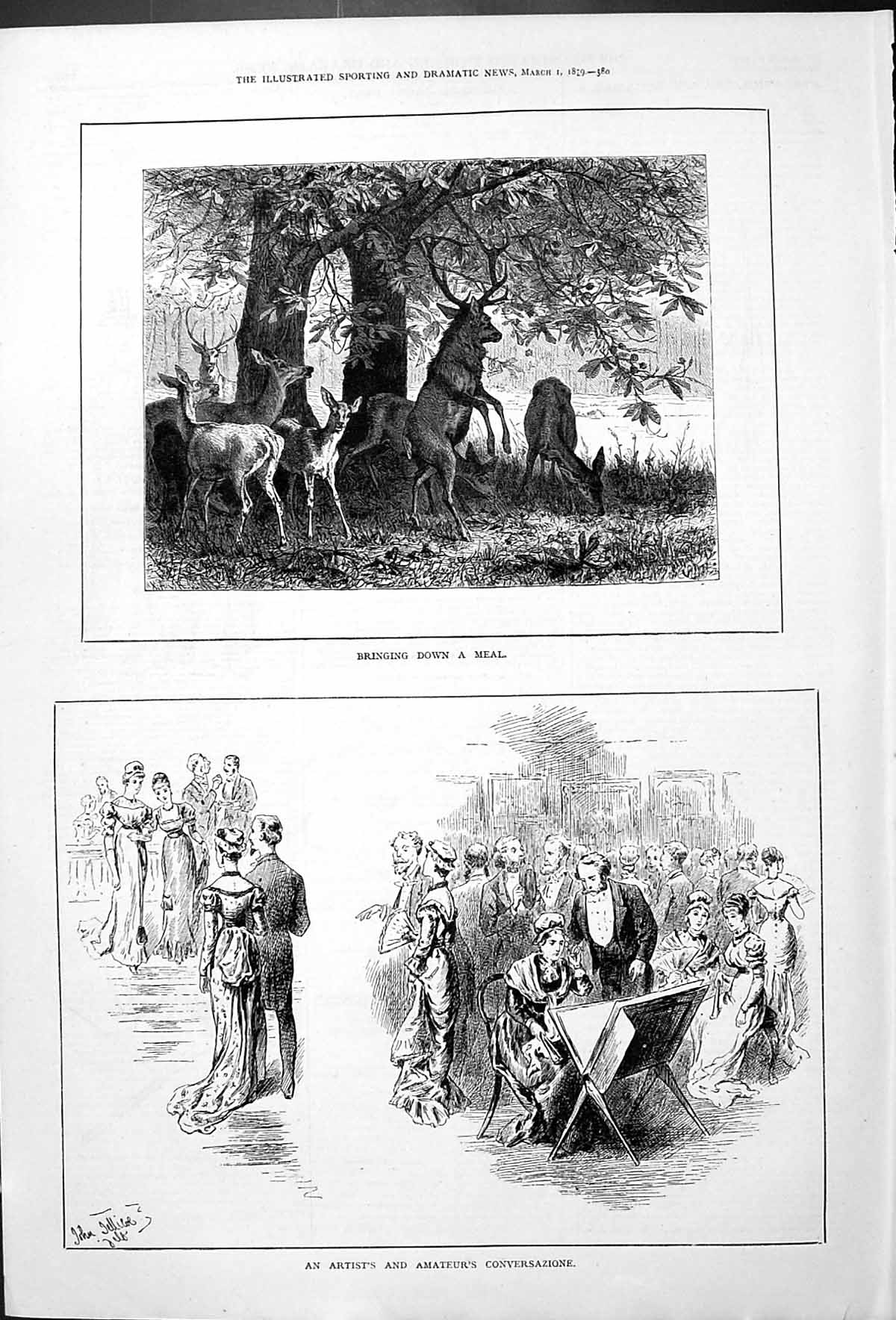 Antique Old Print Stag Deer Animals Hunting Artist Amateur Conversazione 1879