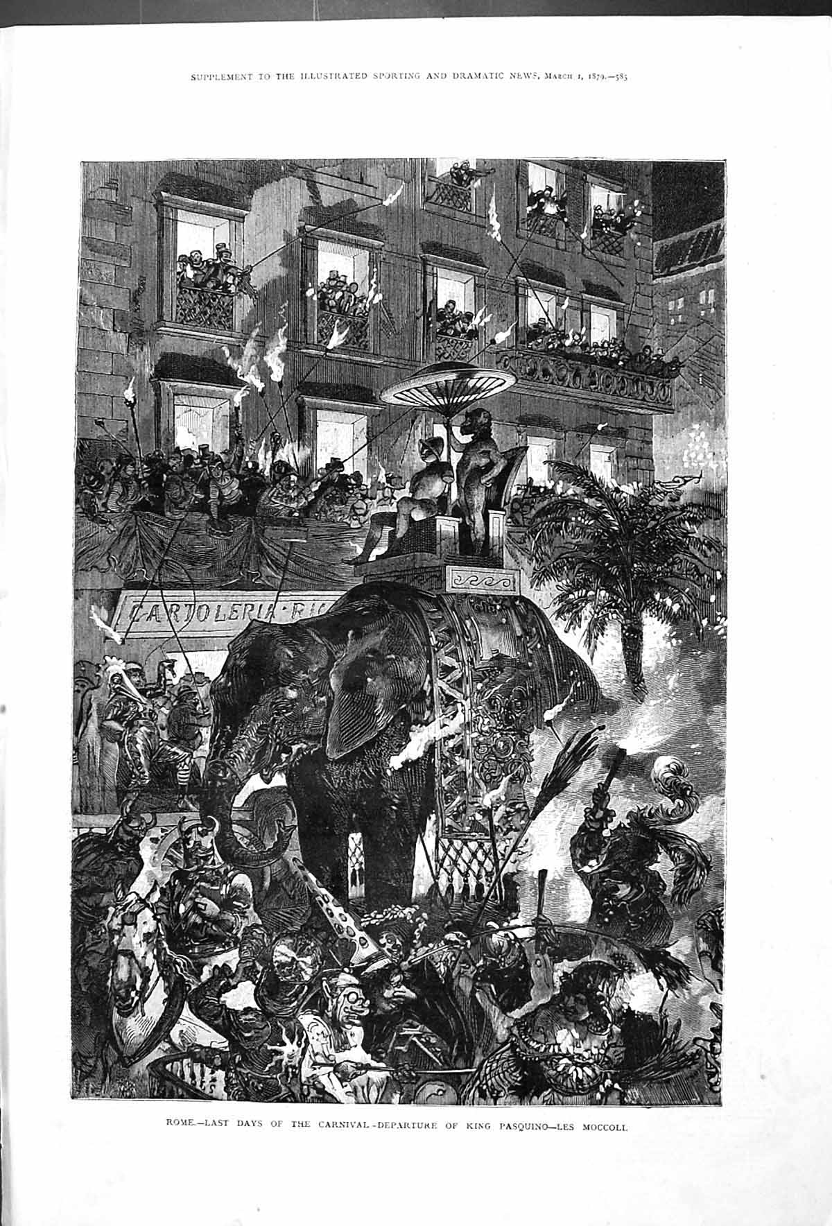 Old Print Rome Carnival 1879 Elephant Departure King Pasquino Les Moccoli 19th