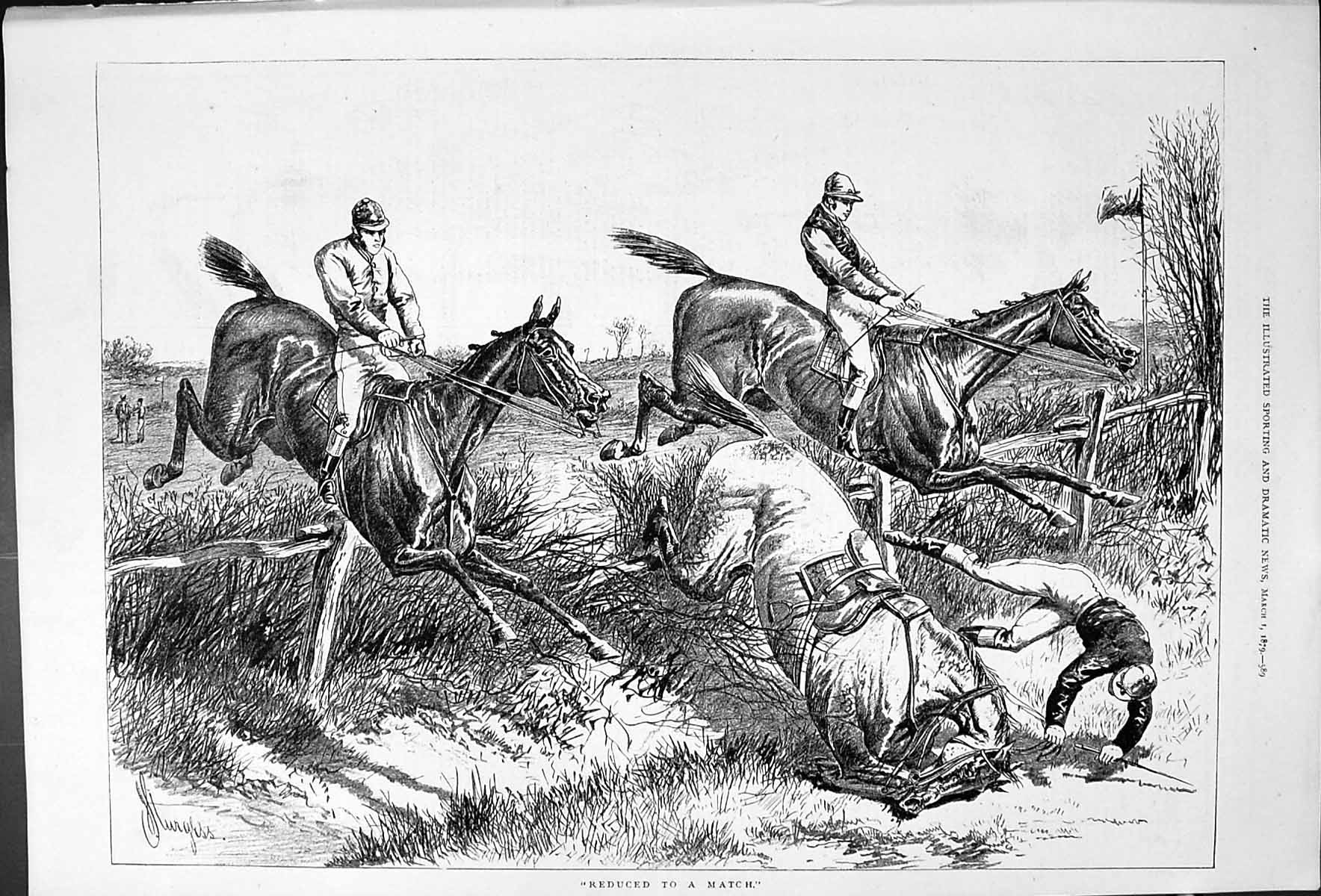 Old Antique Print 1879 Reduced To A Match Horses Sport Accident Sturgess 19th
