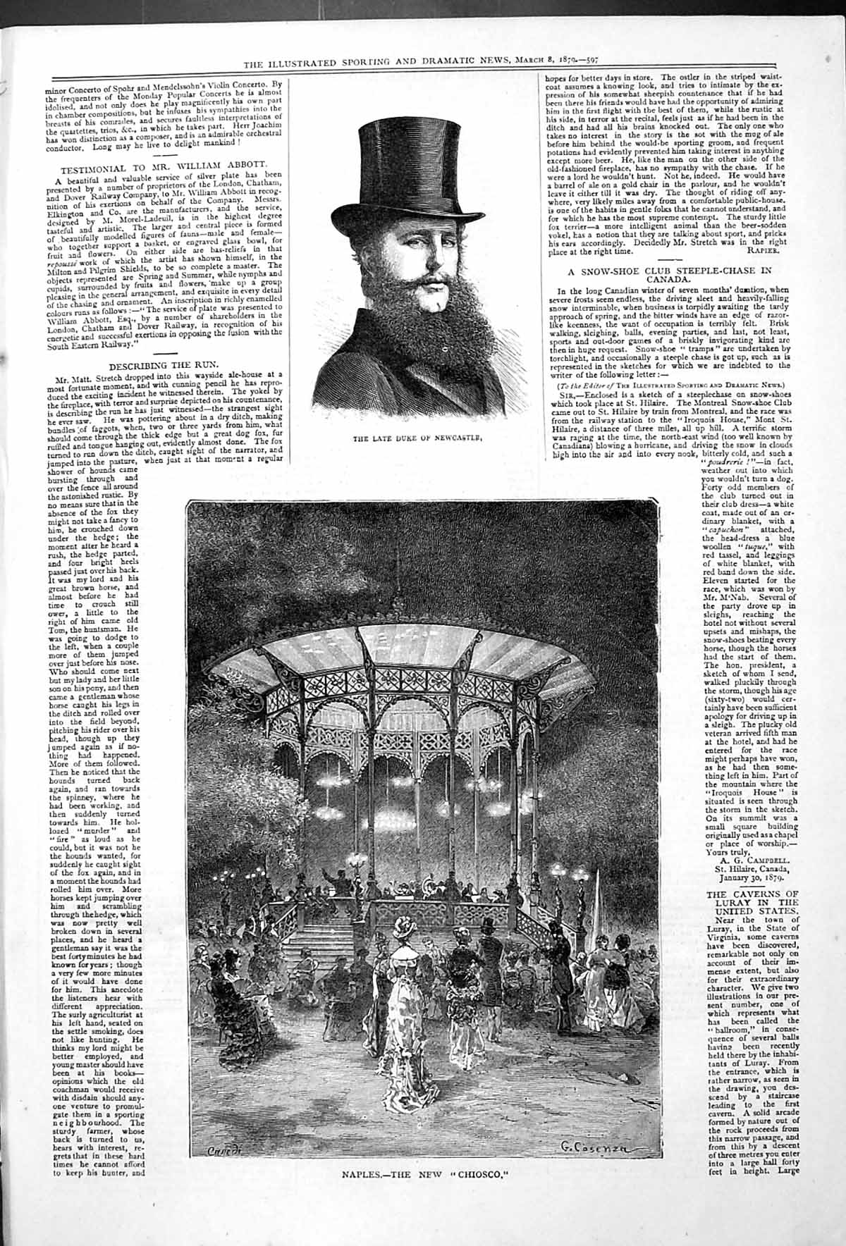 Old Antique Print Late Duke Newcastle Naples The New Chiosco Cosenza 1879 19th