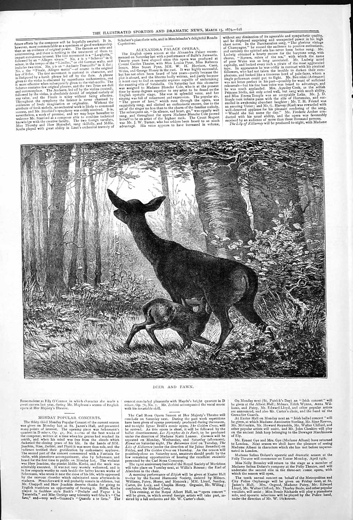 Original Old Antique Print Deer And Fawn Animals Alexandra Palace Operas 1879