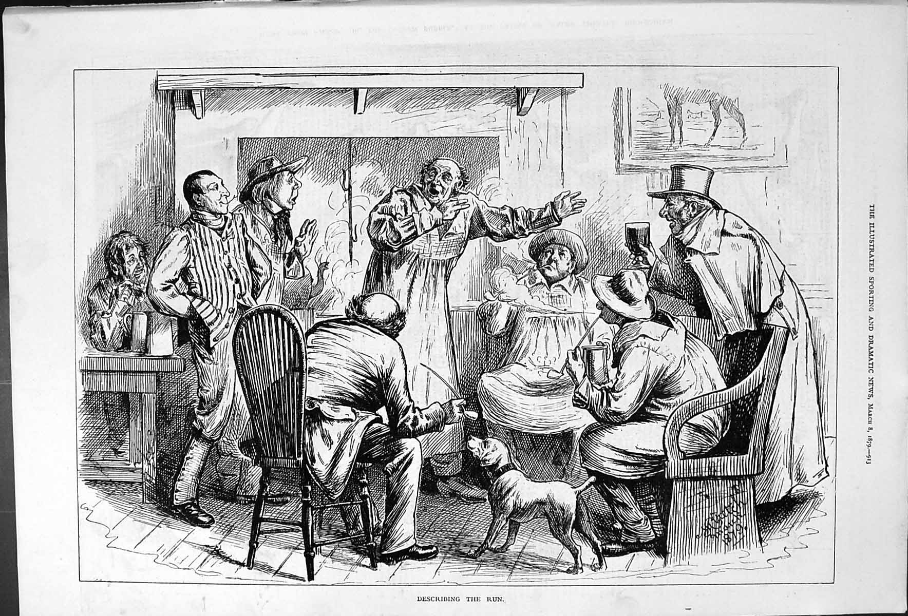 Original Old Antique Print Huntsmen Describing The Run Dog 1879 19th