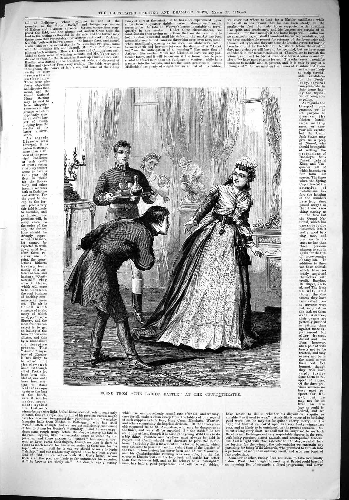 Old Antique Print 1879 Scene Ladies Battle Court Theatre Beautiful Lady 19th