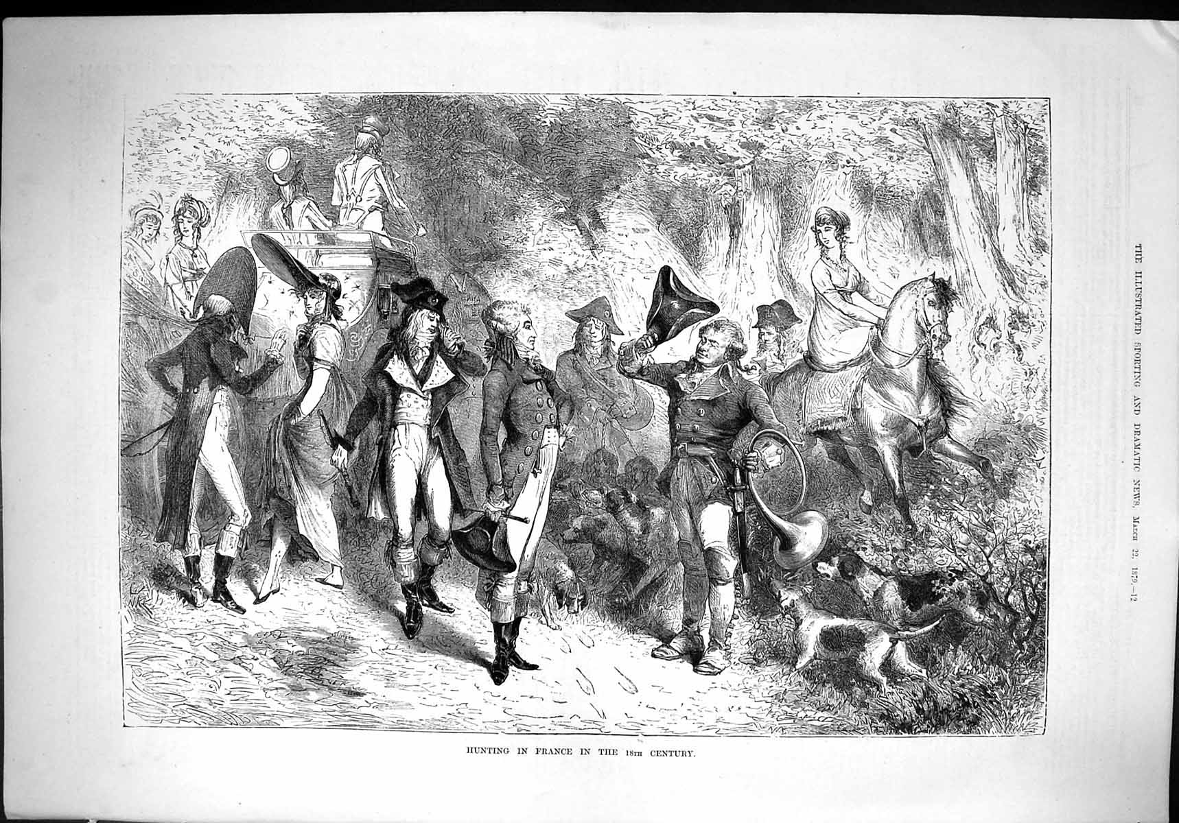 Old Antique Print 1879 Hunting France 18th Century Hounds Huntsmen Horses