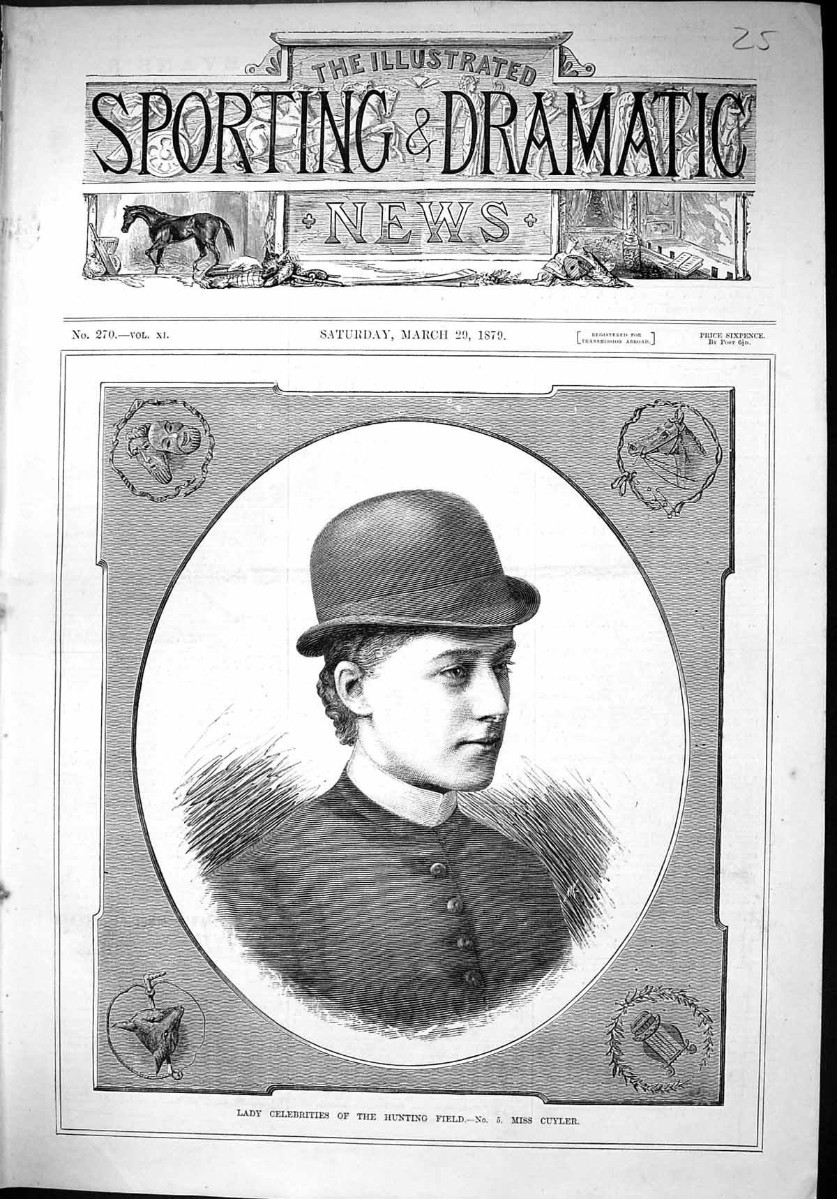 Antique Print 1879 Lady Celebrity Hunting Field Miss Cuyler Beautiful Woman