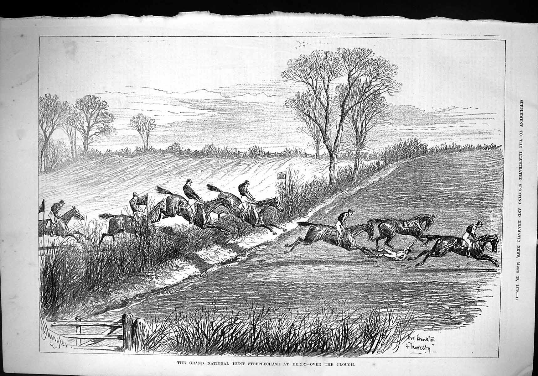 Old 1879 Grand National Hunt Steeplechase Derby Horses Jumping Plough Victorian