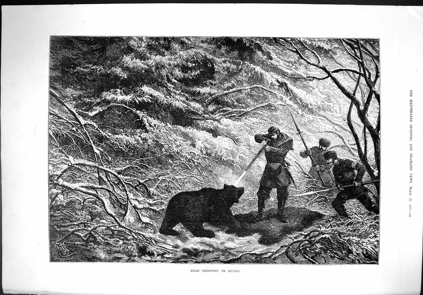 Original Old Antique Print 1879 Bear Shooting Russia Hunting Huntsmen Fine Art