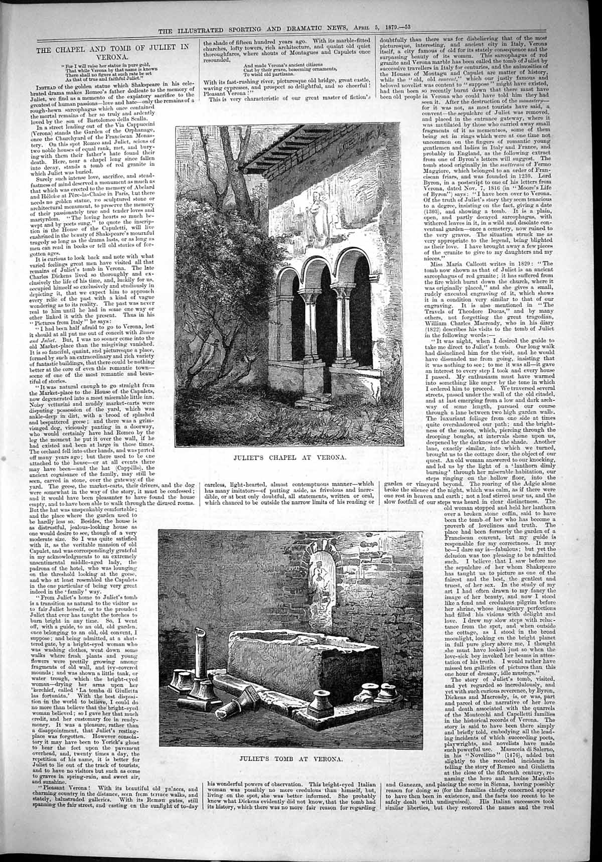 Original Old Antique Print 1879 Chapel Tomb Juliet Verona Shakespeare Victorian