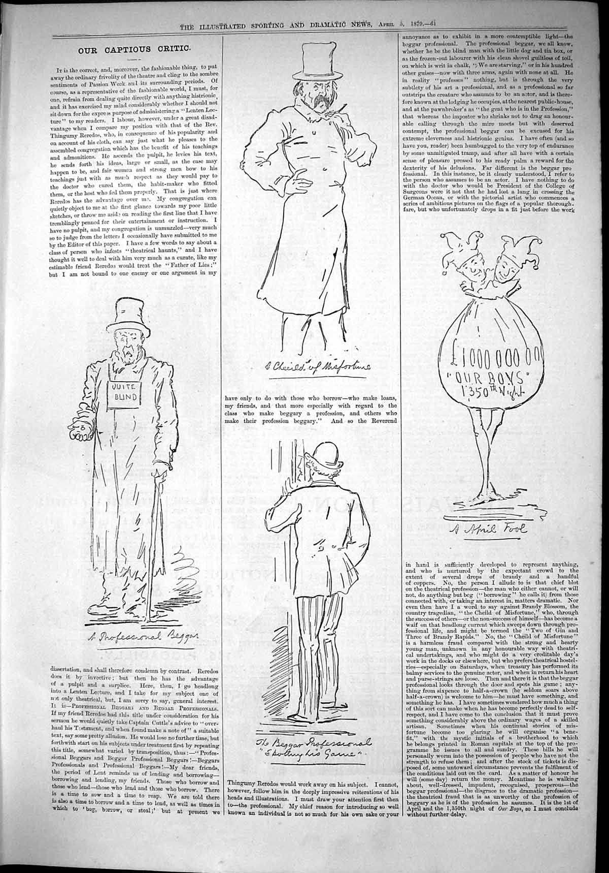 Old Print 1879 Captious Critic Professional Beggar April Fool Money Bags 19th