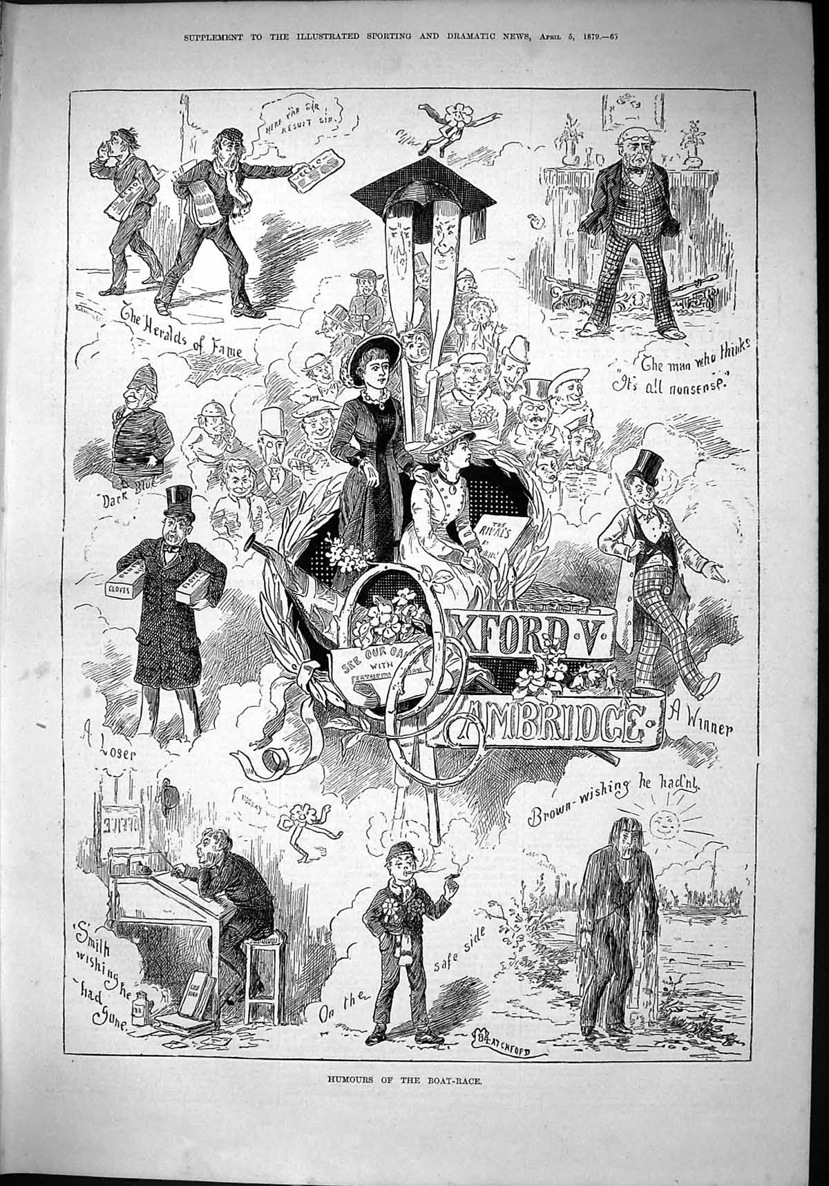 Old 1879 Humours Boat Race Sport Oxford Cambridge Brown Blatchford Ol Victorian