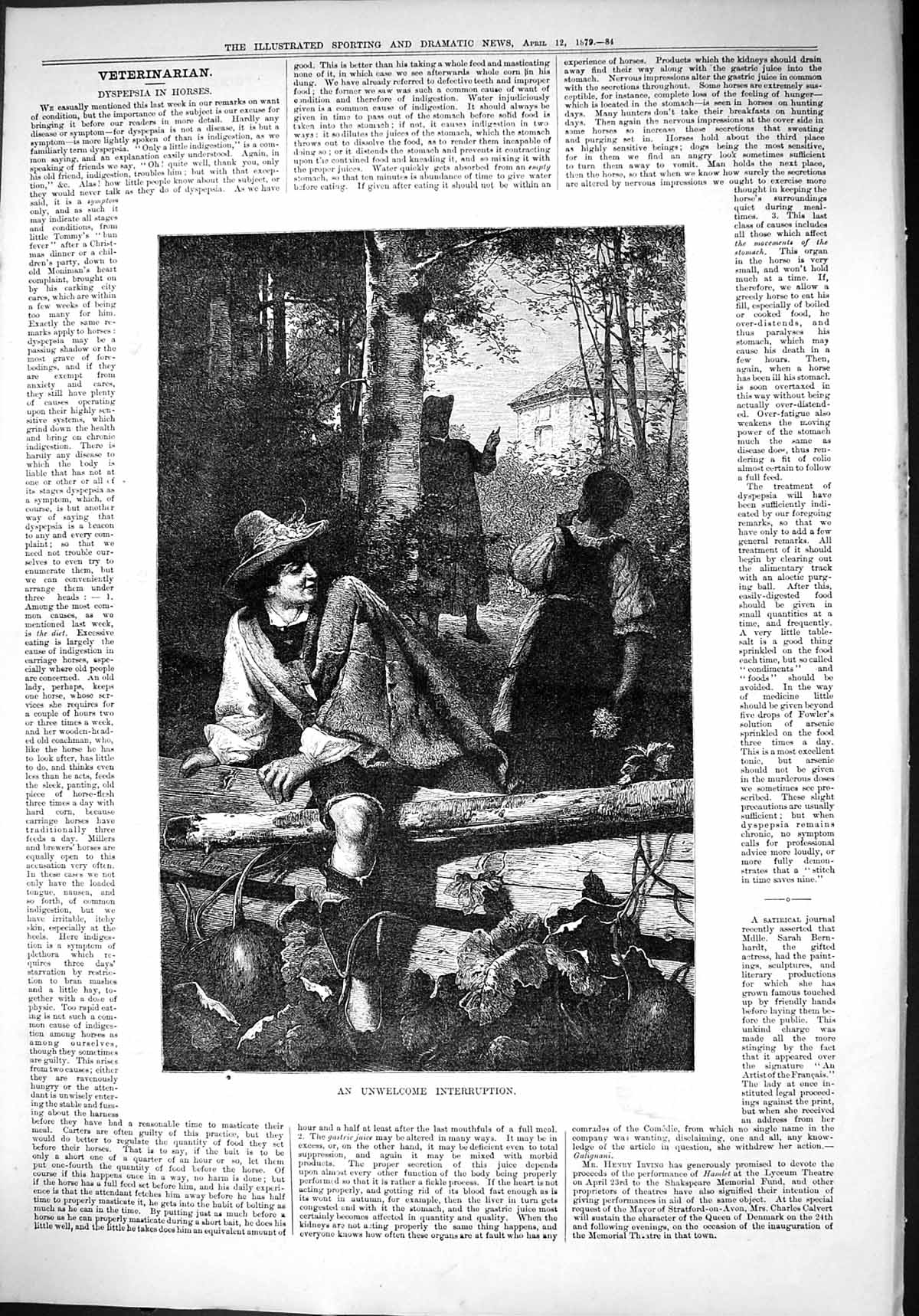 Original Old Antique Print 1879 Unwelcome Interruption Romance Man Lady 19th