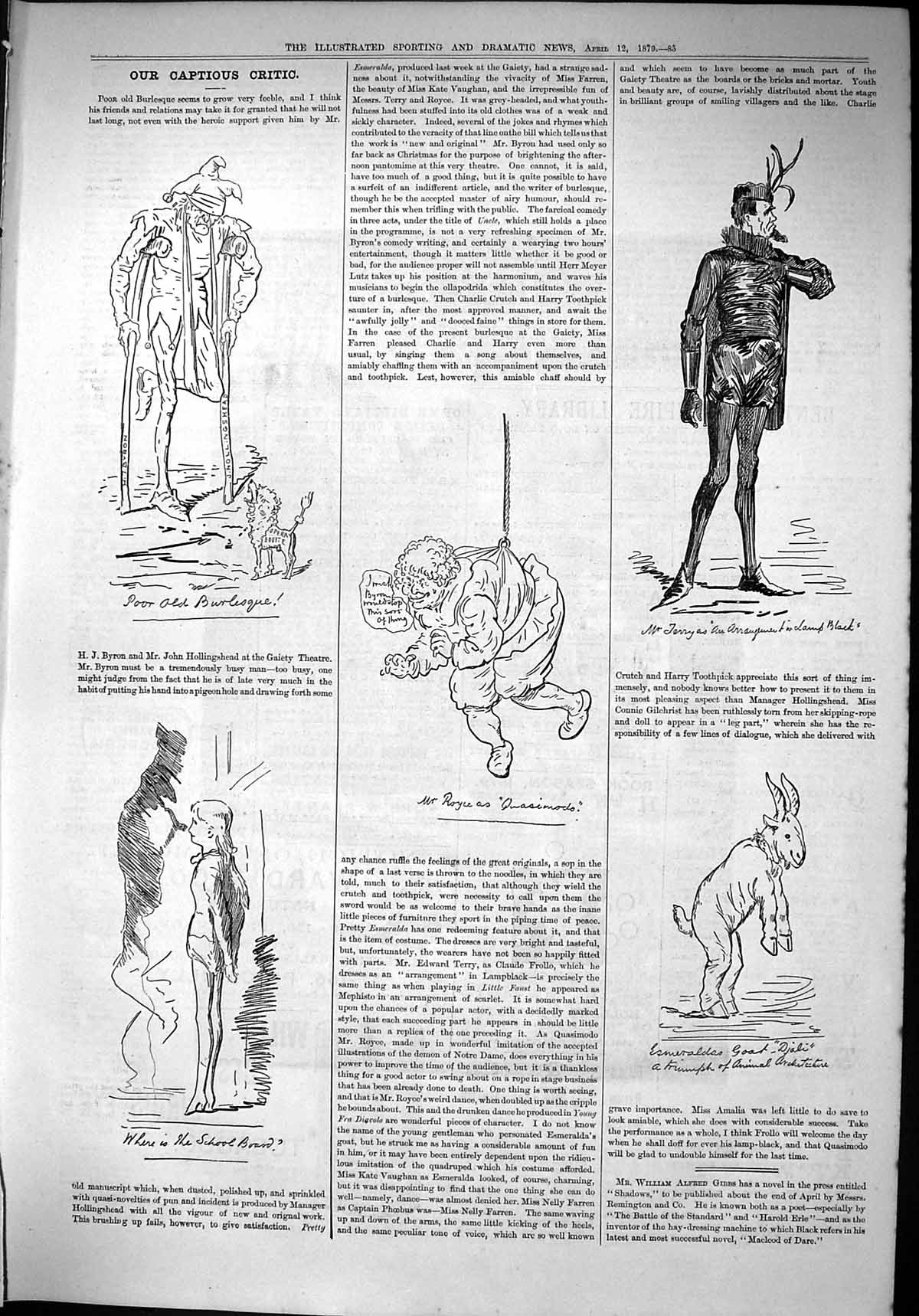 Antique Old Print 1879 Captious Critic Burlesque Theatre Jerry Esmeralda Goat