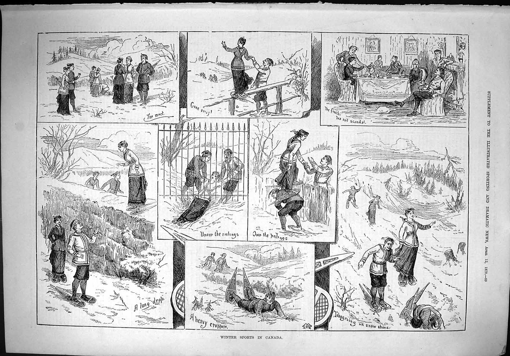 Original Old Antique Print 1879 Winter Sports Canada Toboganing Snow Ski-Ing