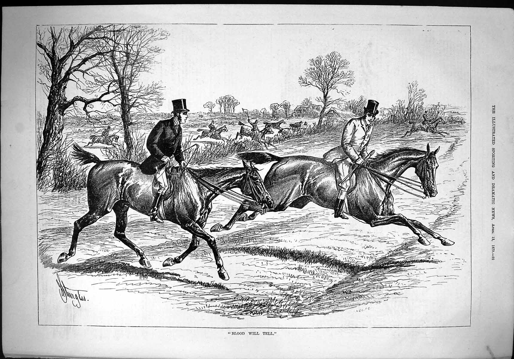 Antique Old Print 1879 Blood Will Tell Hunting Horses Huntsmen Sport Sturgess