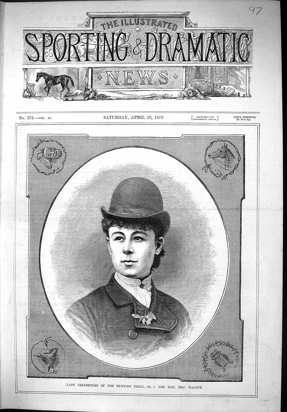 Original Old Antique Print 1879 Portrait Hunting Lady Celebrity Mrs Malone 19th