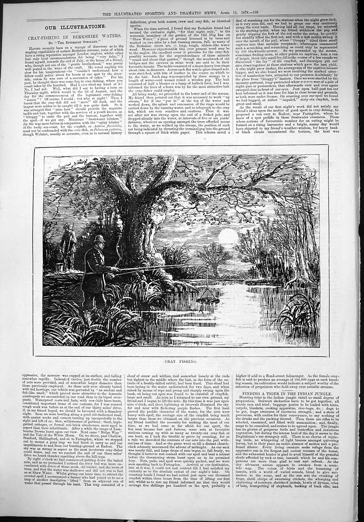 Original Old Antique Print 1879 Cray Fishing River Scene Man Fish Angling Sport