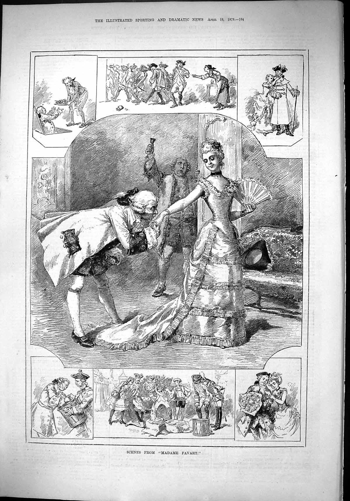 Antique Old Print 1879 Scenes Madame Favart Theatre Men Ladies Romance Actors