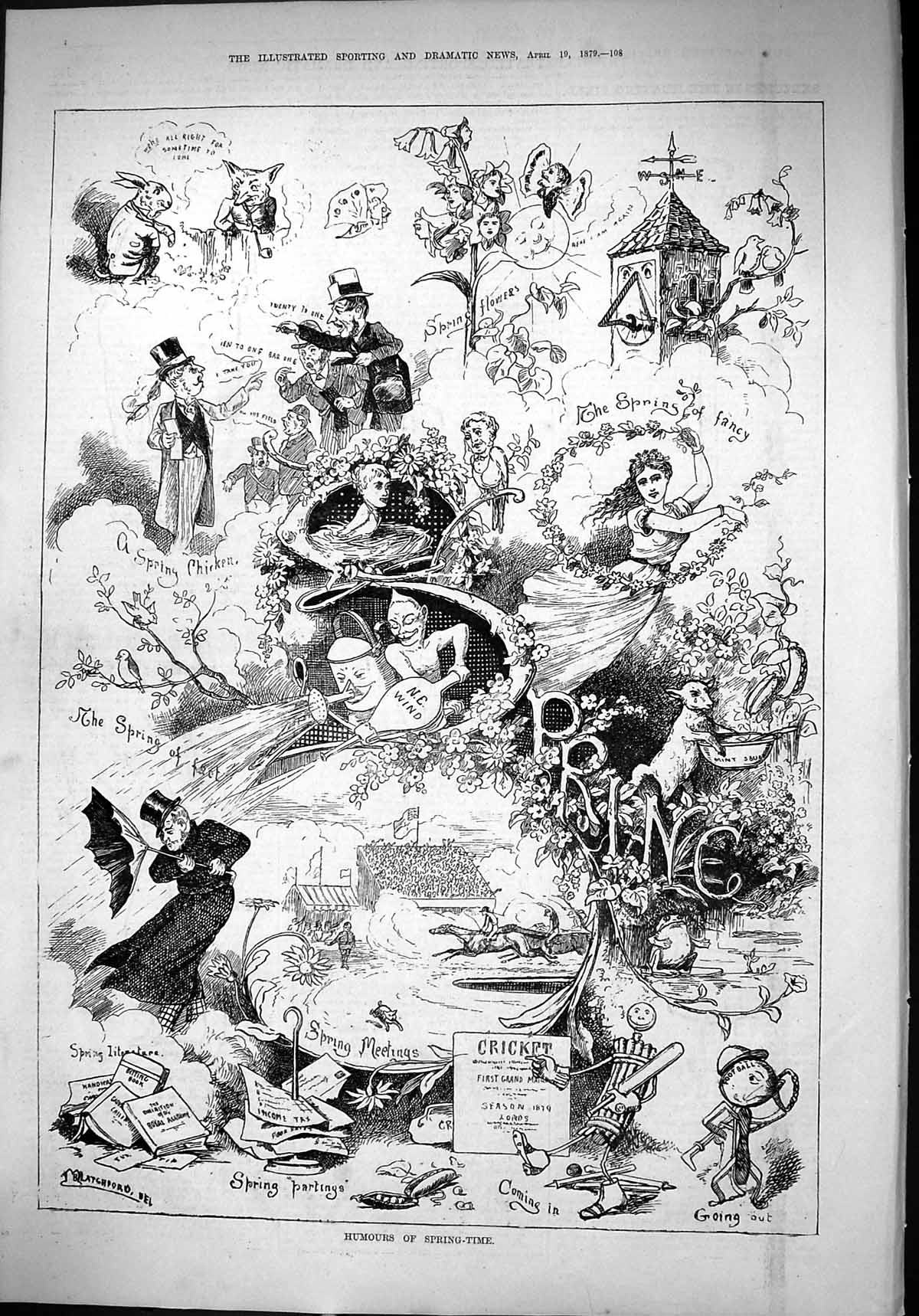 Old 1879 Humours Spring Time Flowers Rabbit Fox Cricket Sport Windy W Victorian