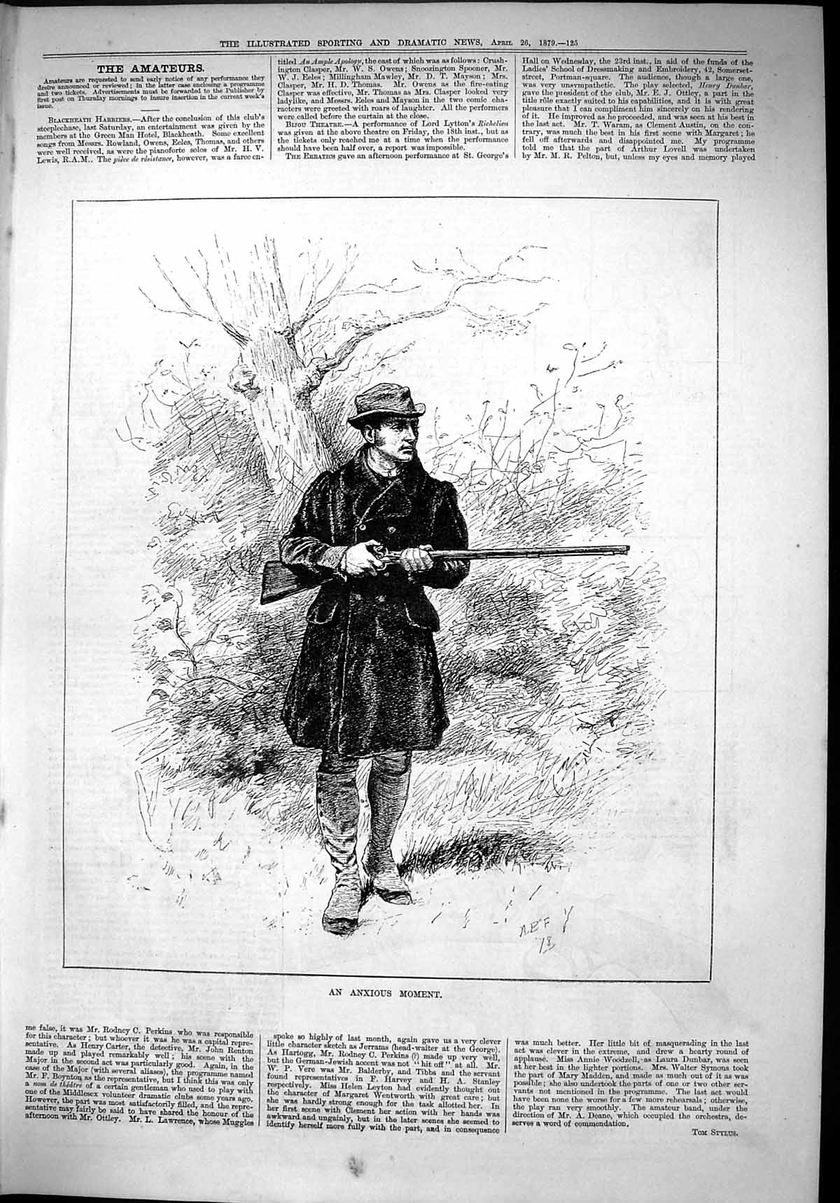 Original Old Antique Print 1879 Anxious Moment Man Rifle Shooting Gun Hunting