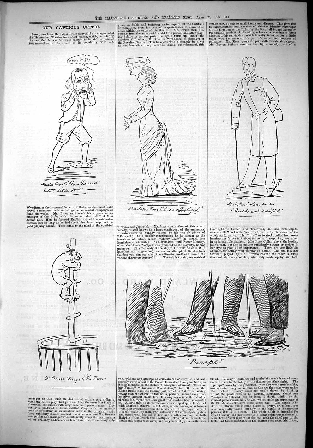 Original Old Antique Print 1879 Captious Critic Theatre Sothern Pumps Shoes