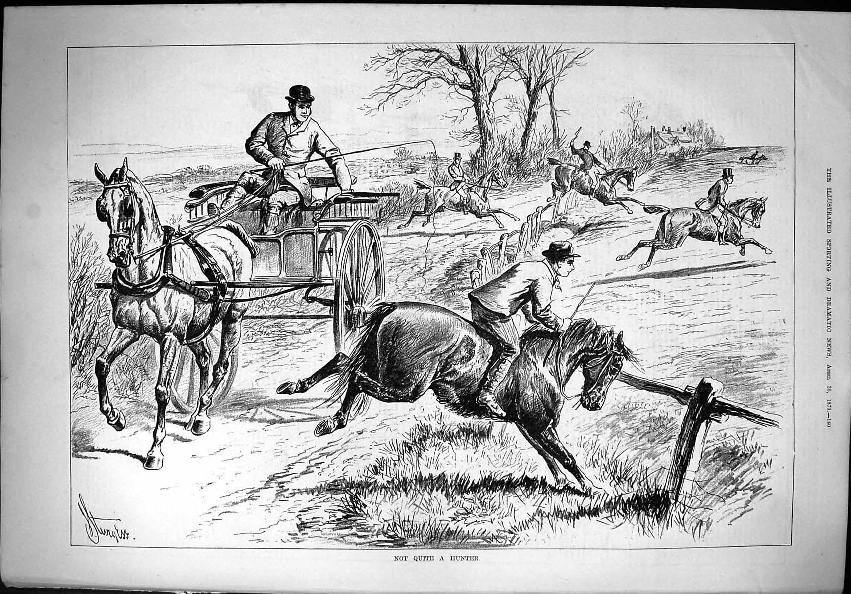 Antique Old Print 1879 Not Quite Hunter Horses Hunting Sport Cart Countryside