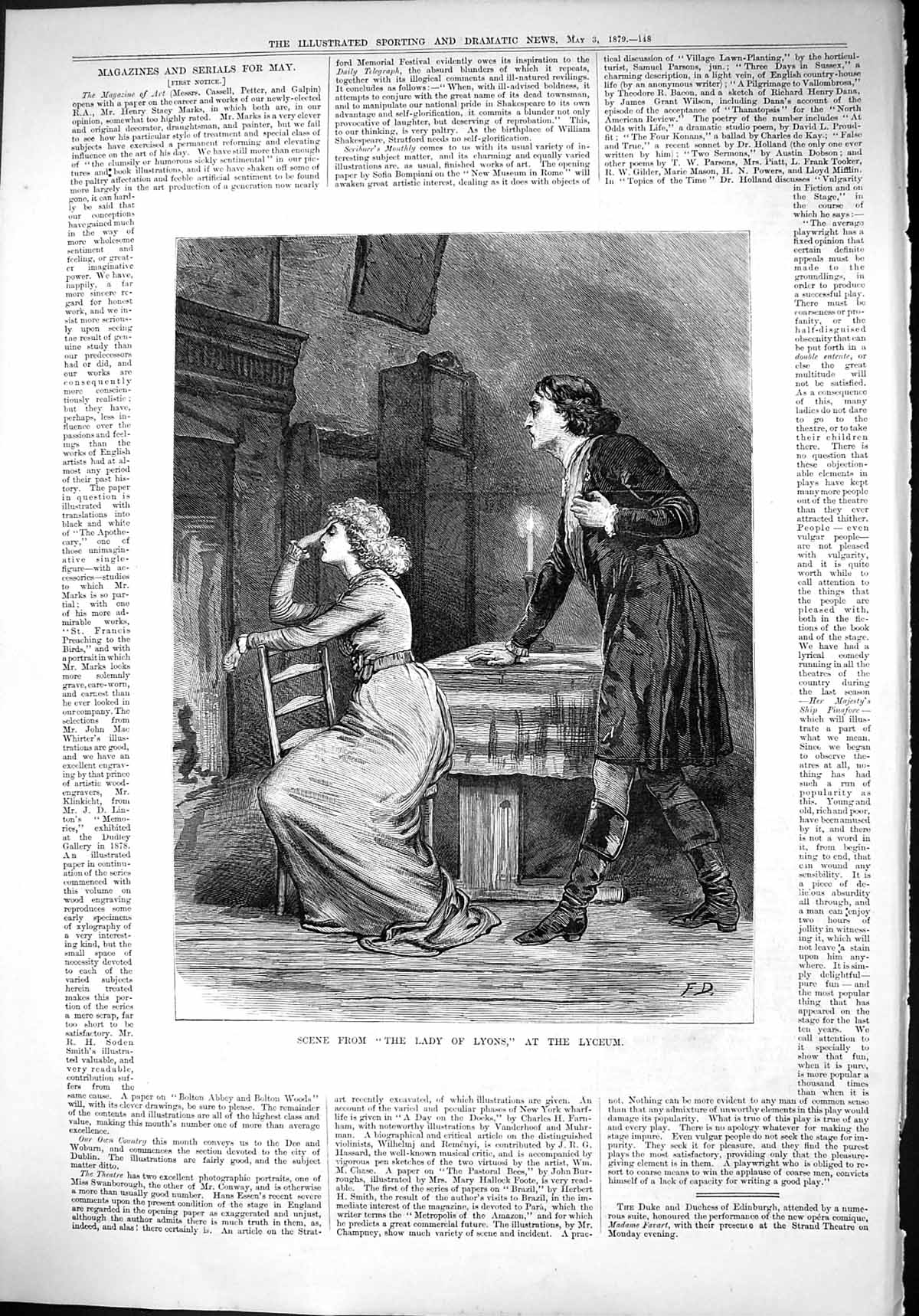 Old Antique Print 1879 Scene Lady Lyons Lyceum Theatre Romance Man Lady 19th