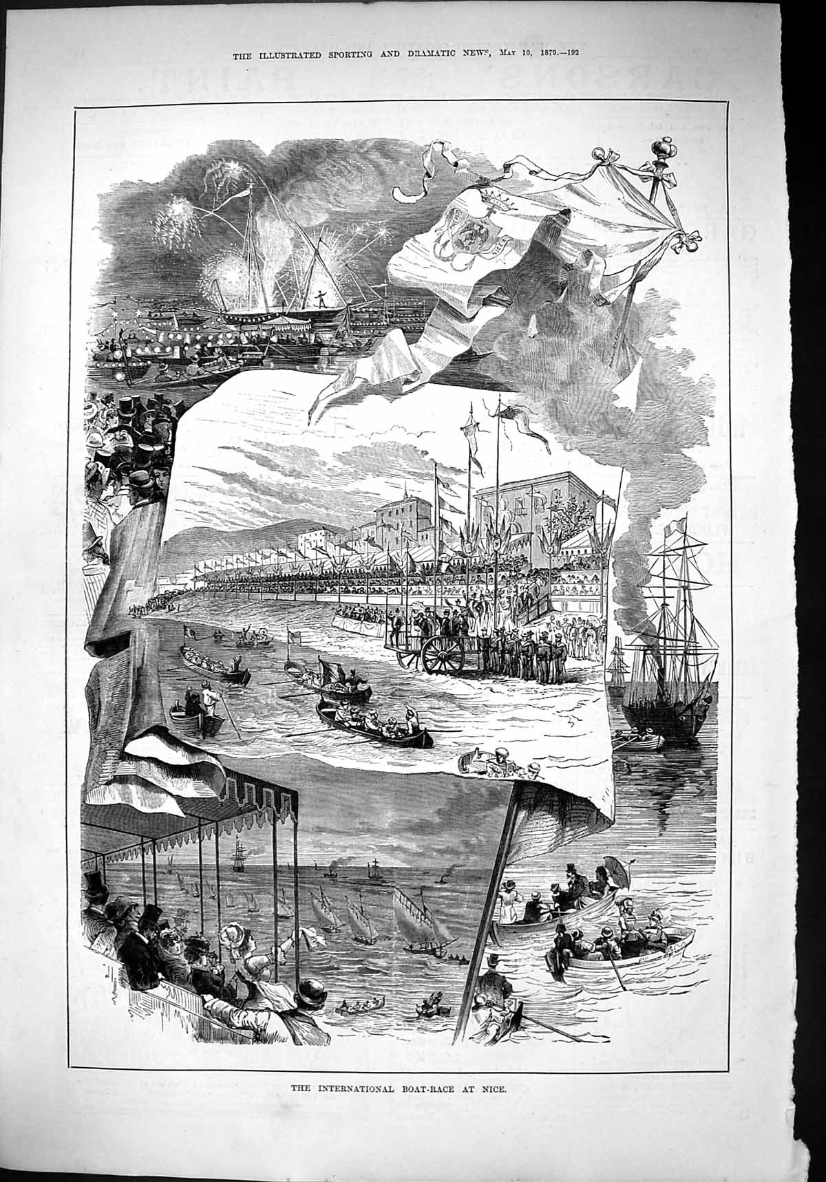 Old Print 1879 International Boat Race Nice France Sport Ships Spectators 19th