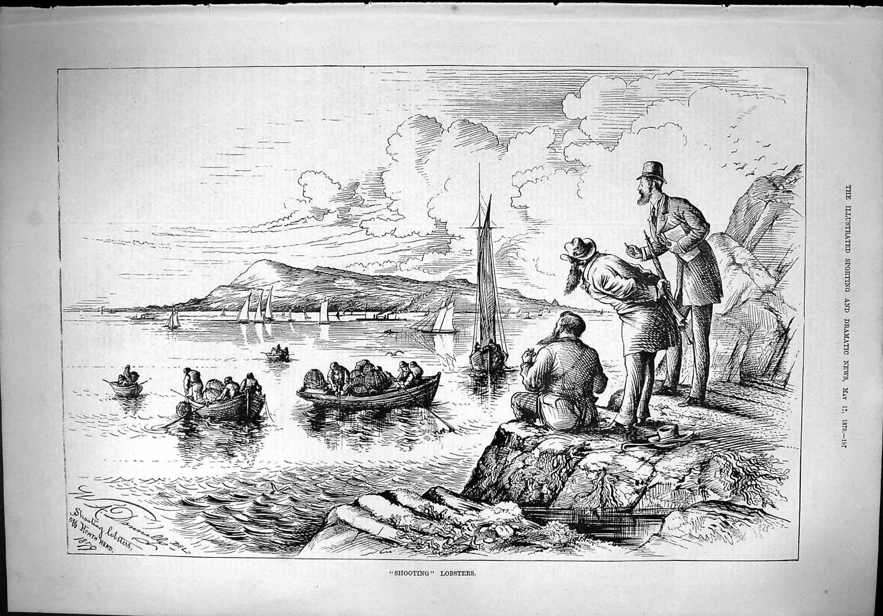 Old Antique Print 1879 Shooting Lobsters Fishing Creels Boats Howth Head 19th