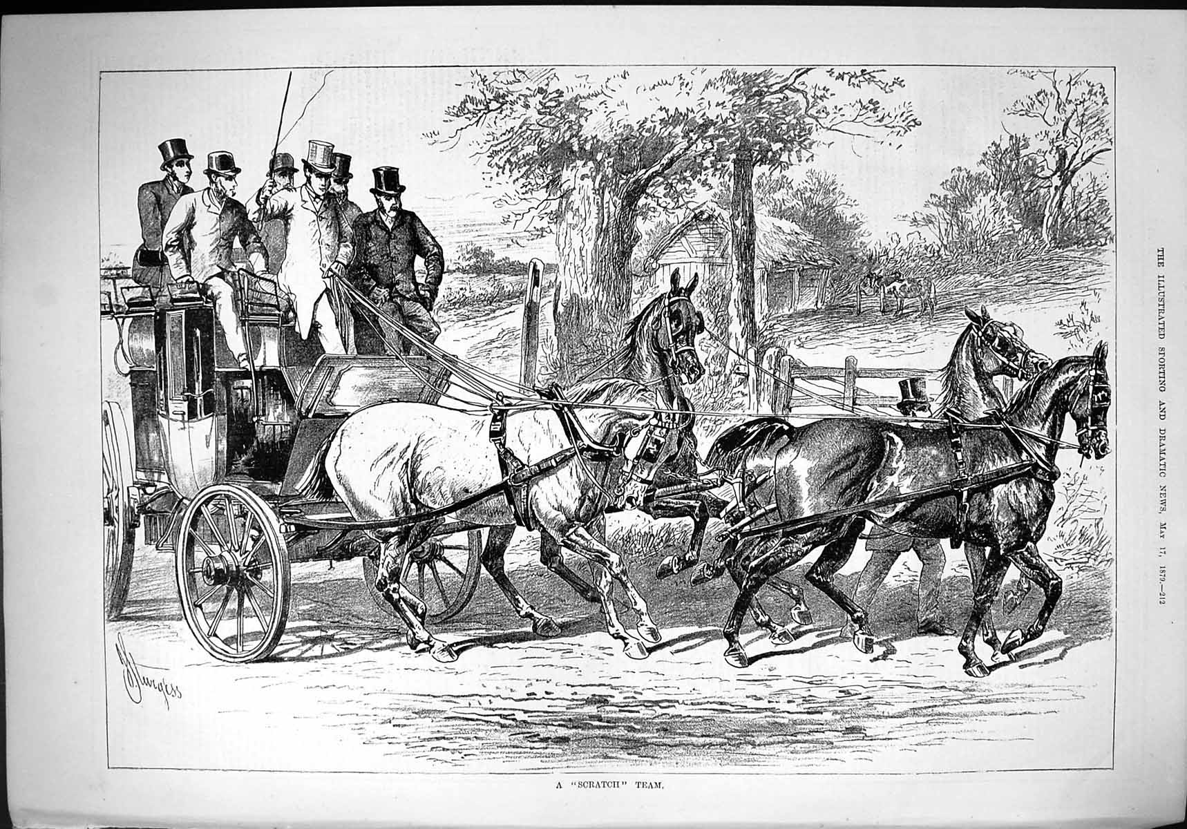 Original Old Antique Print 1879 Scratch Team Horses Carriage Transport Coach