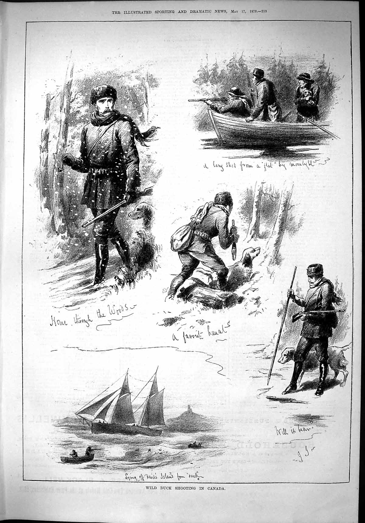 Old Print 1879 Wild Duck Shooting Canada Woods River Boat Devil'S Island 19th
