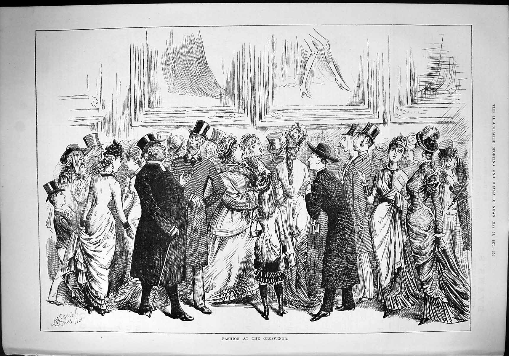 Original Old Antique Print 1879 Fashion Grosvenor Art Ladies Men 19th