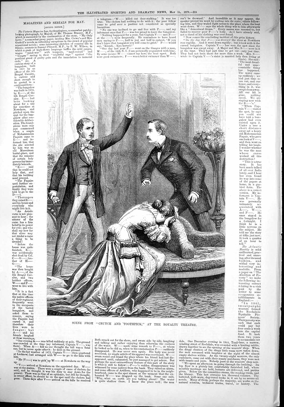 Original Old Antique Print 1879 Scene Crutch Toothpick Royalty Theatre Actors