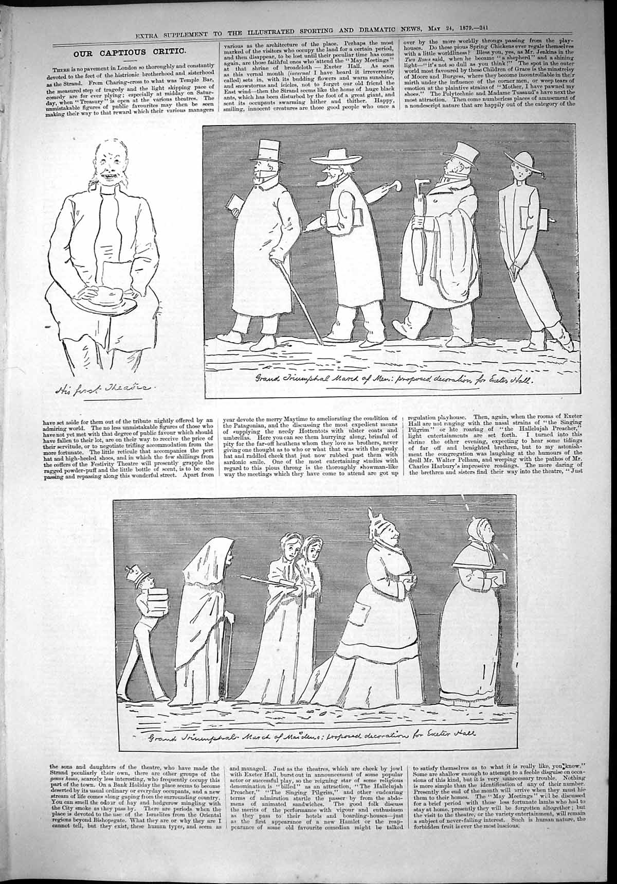 Original Old Antique Print 1879 Captious Critic Triumphal March Exeter Hall