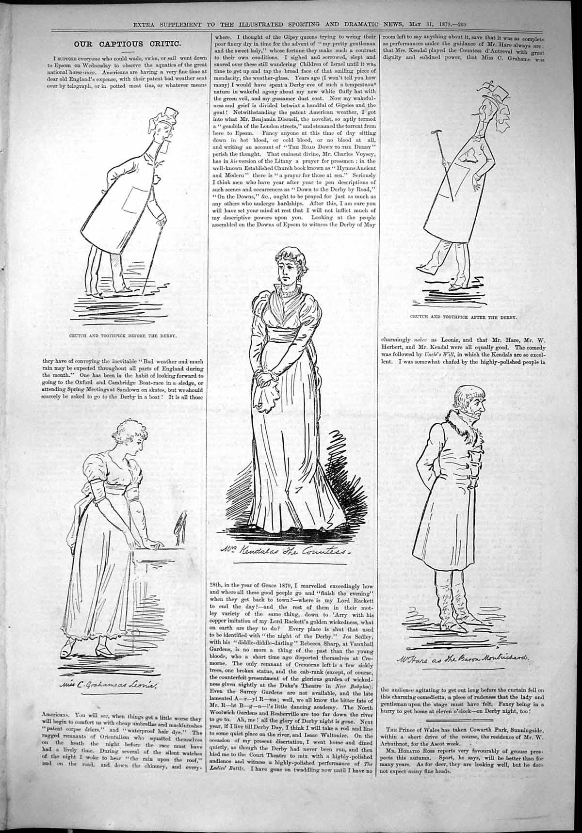 Old 1879 Captious Critic Theatre Leone Hare Baron Crutch Toothpick De Victorian